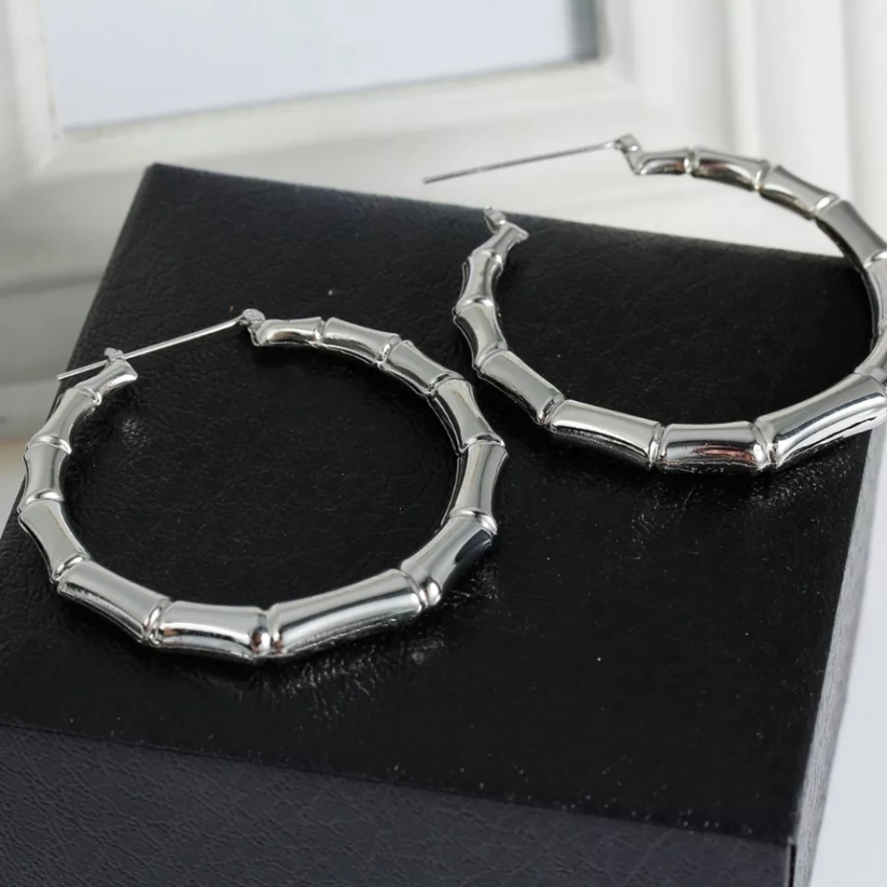 European and American Hyperbole Silver Co Hoop Round Bamboo pattern Earrings - Picture 2 of 3